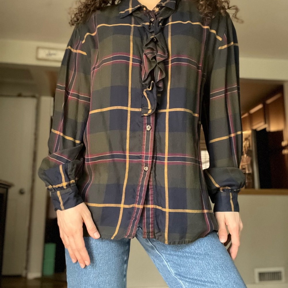 Liz Claiborne Plaid Ruffle Button Blouse